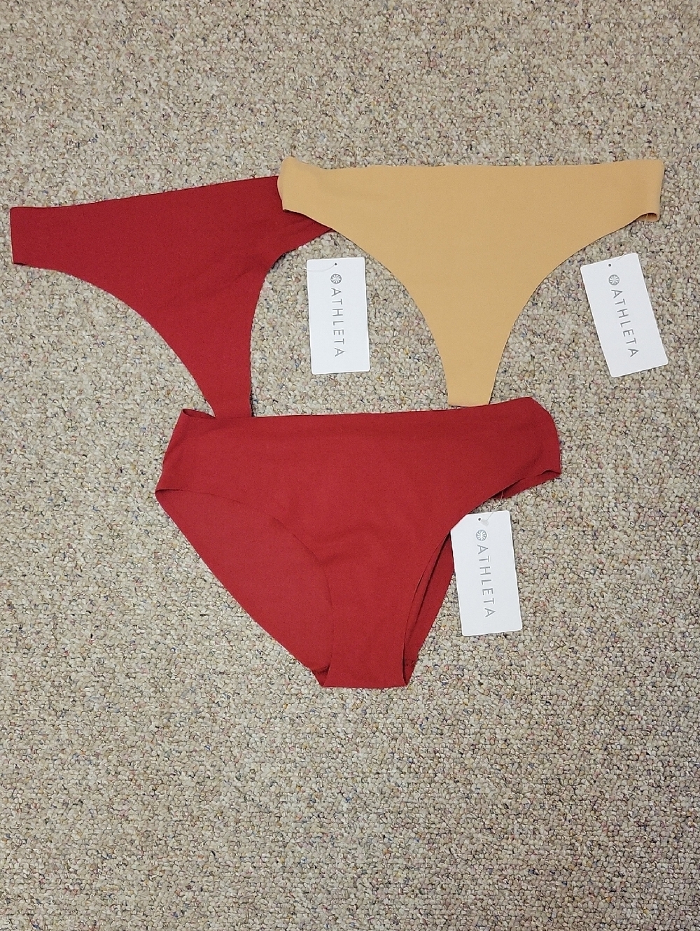 Athleta 3 Pair Underwear, Large 2 Thong, 1 Bikini New 2 Red, 1 Beige Breathable